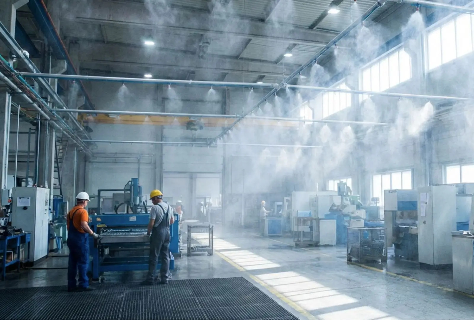 Vodní mlha pro ochlazení okolního vzduchu v průmyslové hale