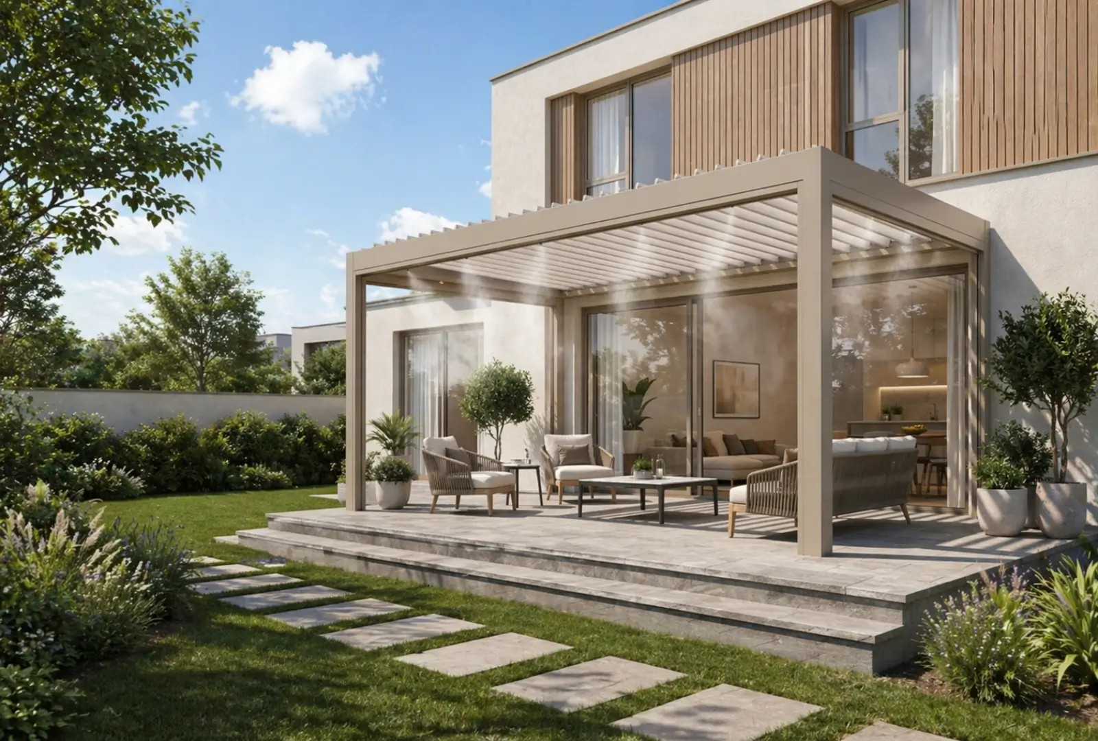 Vodní mlha na terase u rodinného domu na bioklimatické pergole