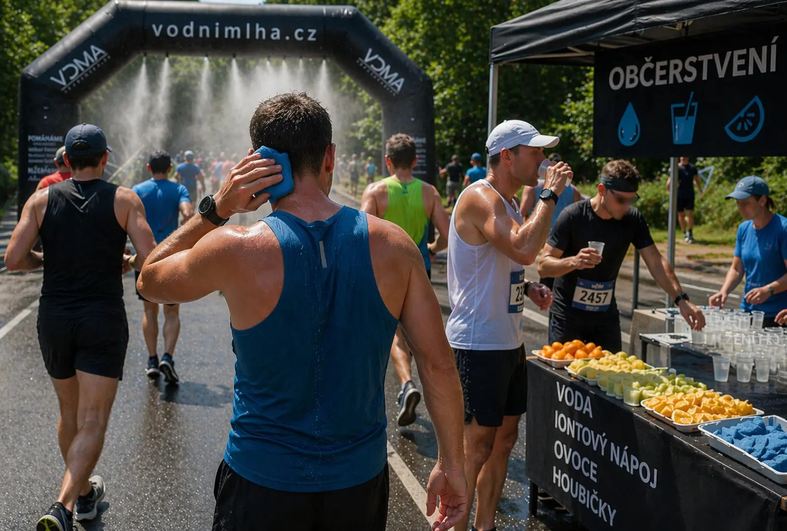Občerstvovací stanoviště pro běžce s chladící mlžnou bránou